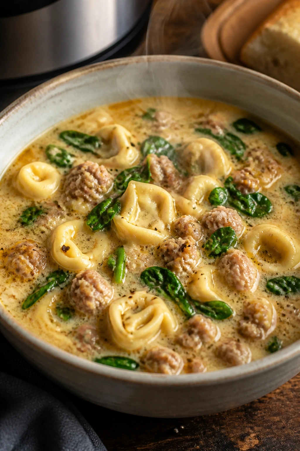 Creamy sausage tortellini soup in a bowl with greens