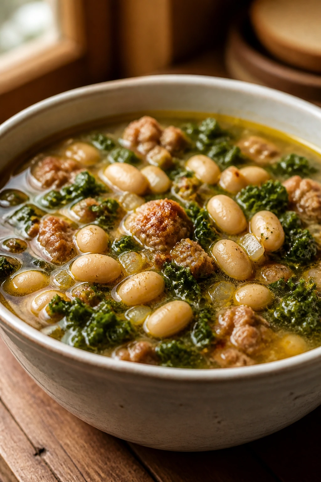 Hearty sausage white bean kale soup in a steaming bowl