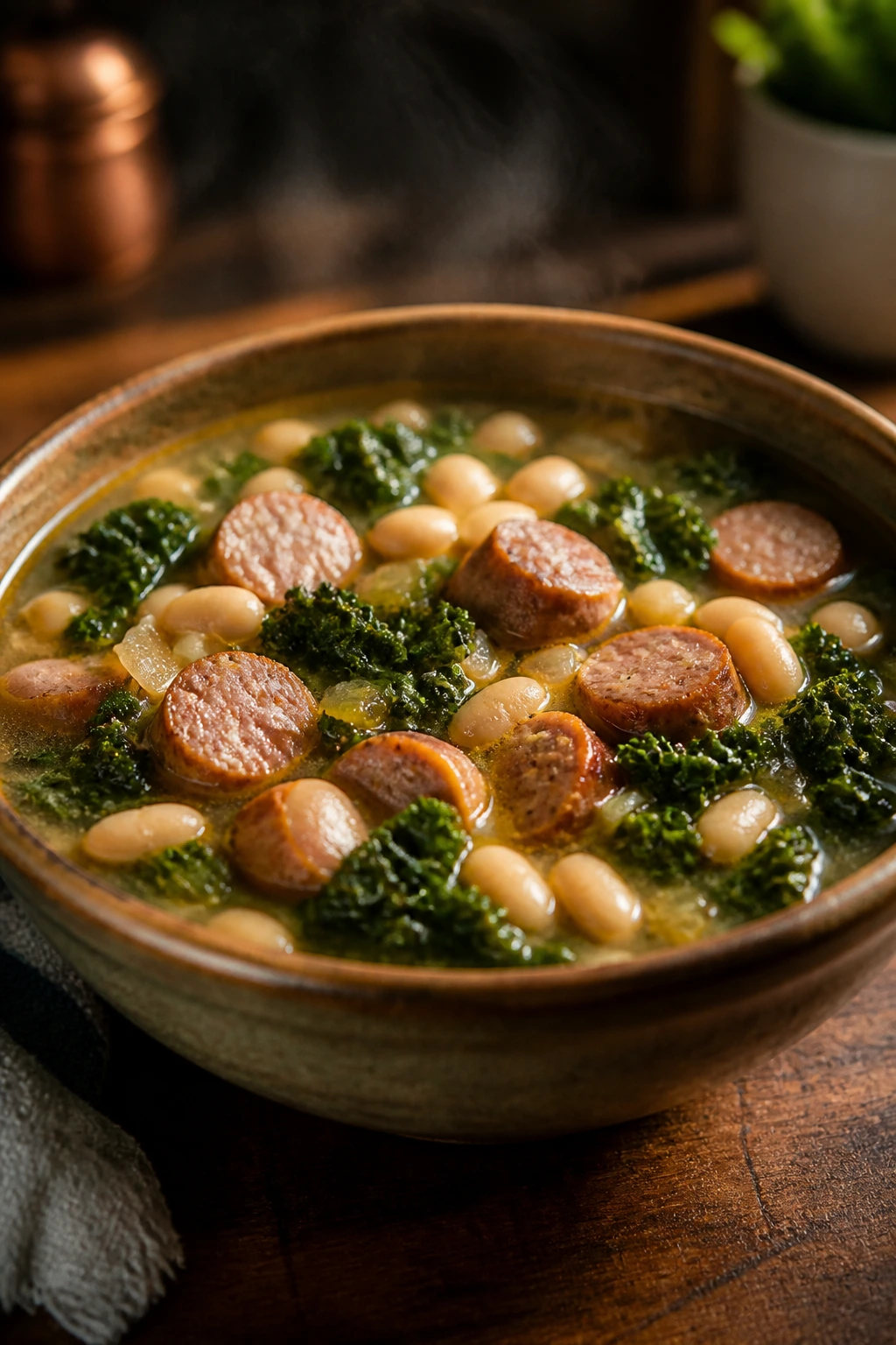 Hearty sausage and white bean kale soup in a bowl
