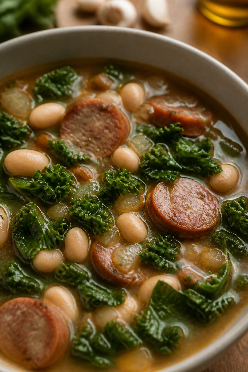 Close-up of sausage white bean kale soup in a bowl