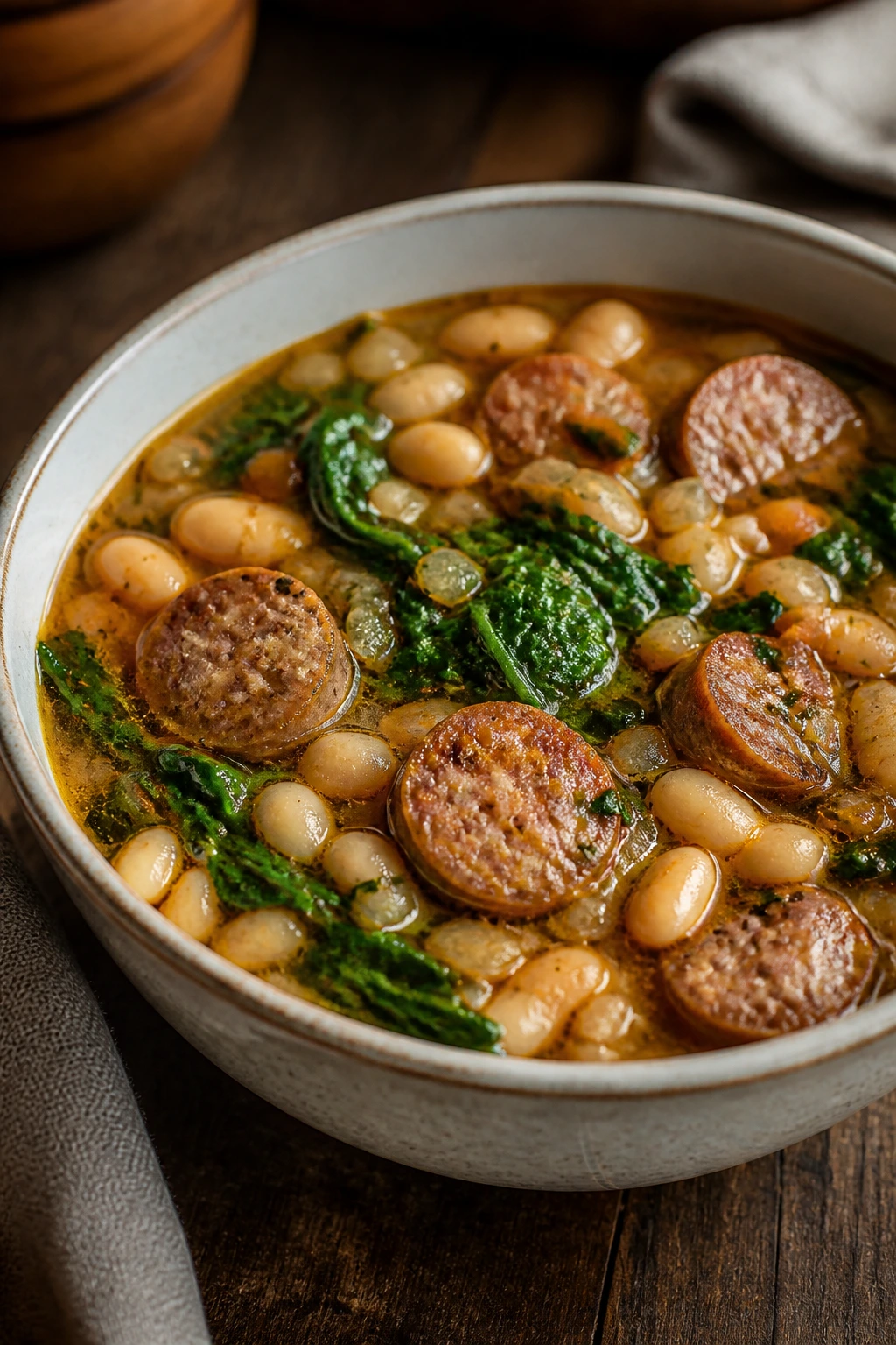 Close-up of sausage white bean spinach soup in a bowl