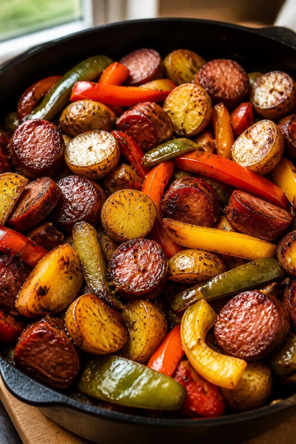 Close-up of sausage, peppers, and potatoes in a cast-iron skillet