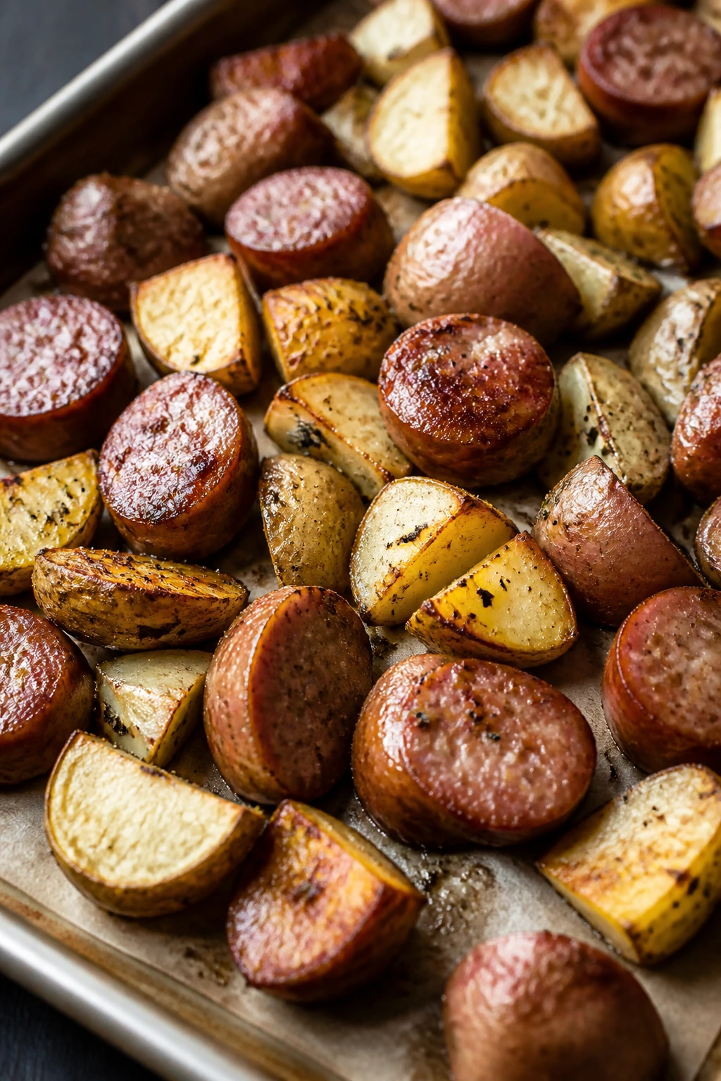 Roasted potatoes and sausage on a sheet pan filling the frame