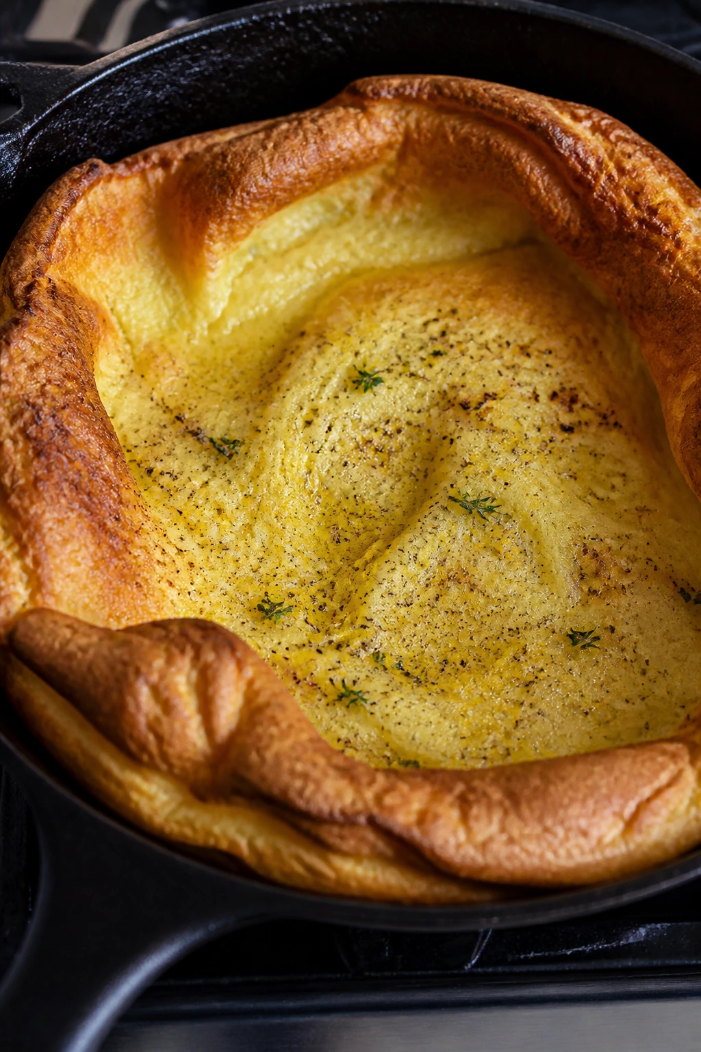 Savory Dutch Baby puffed in a cast-iron skillet