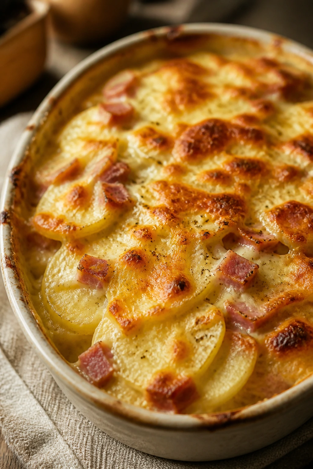 Creamy scalloped potatoes with ham and Gruyère topping