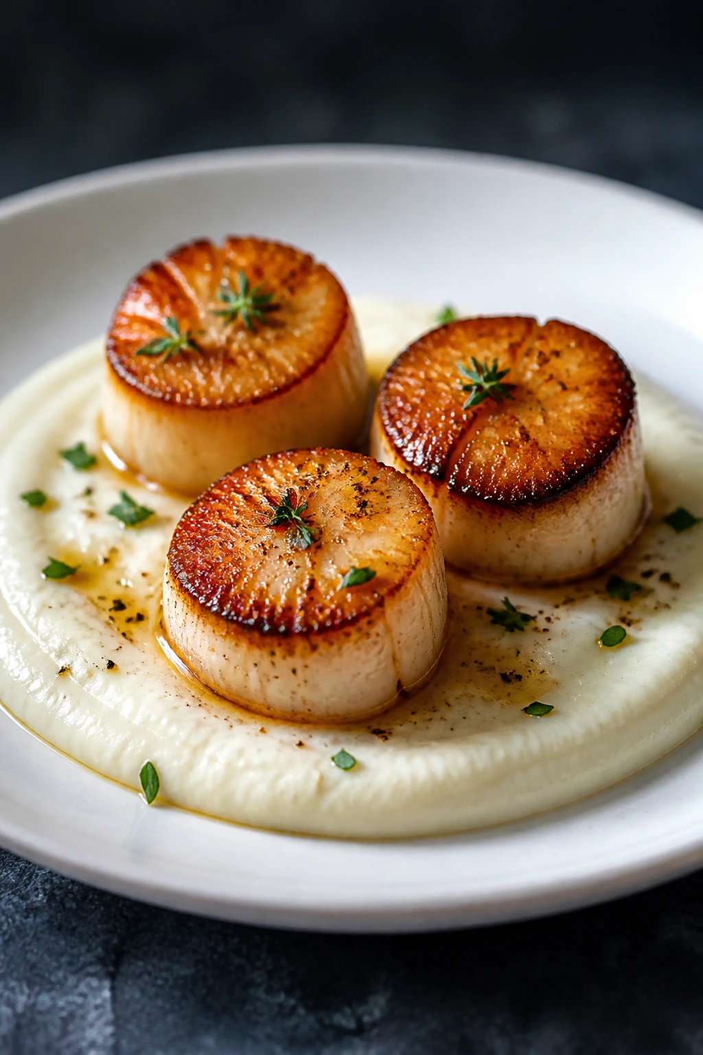 Seared scallops on a cauliflower purée