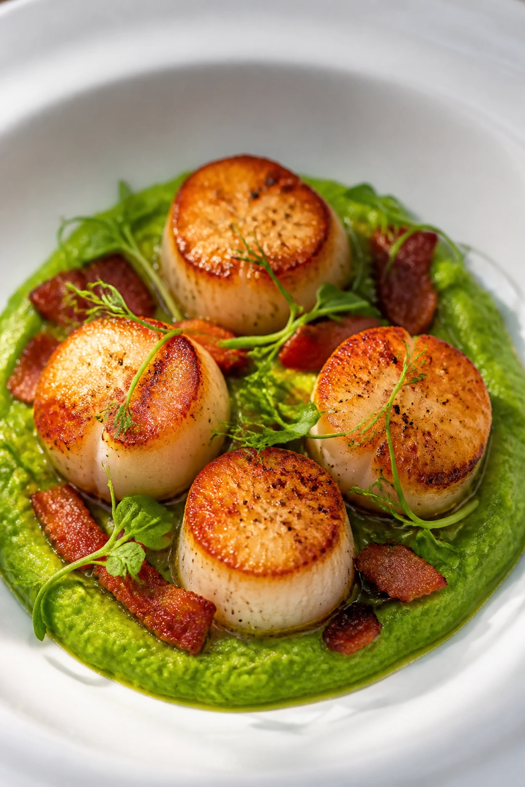 Seared scallops on pea purée with crispy pancetta on a plate