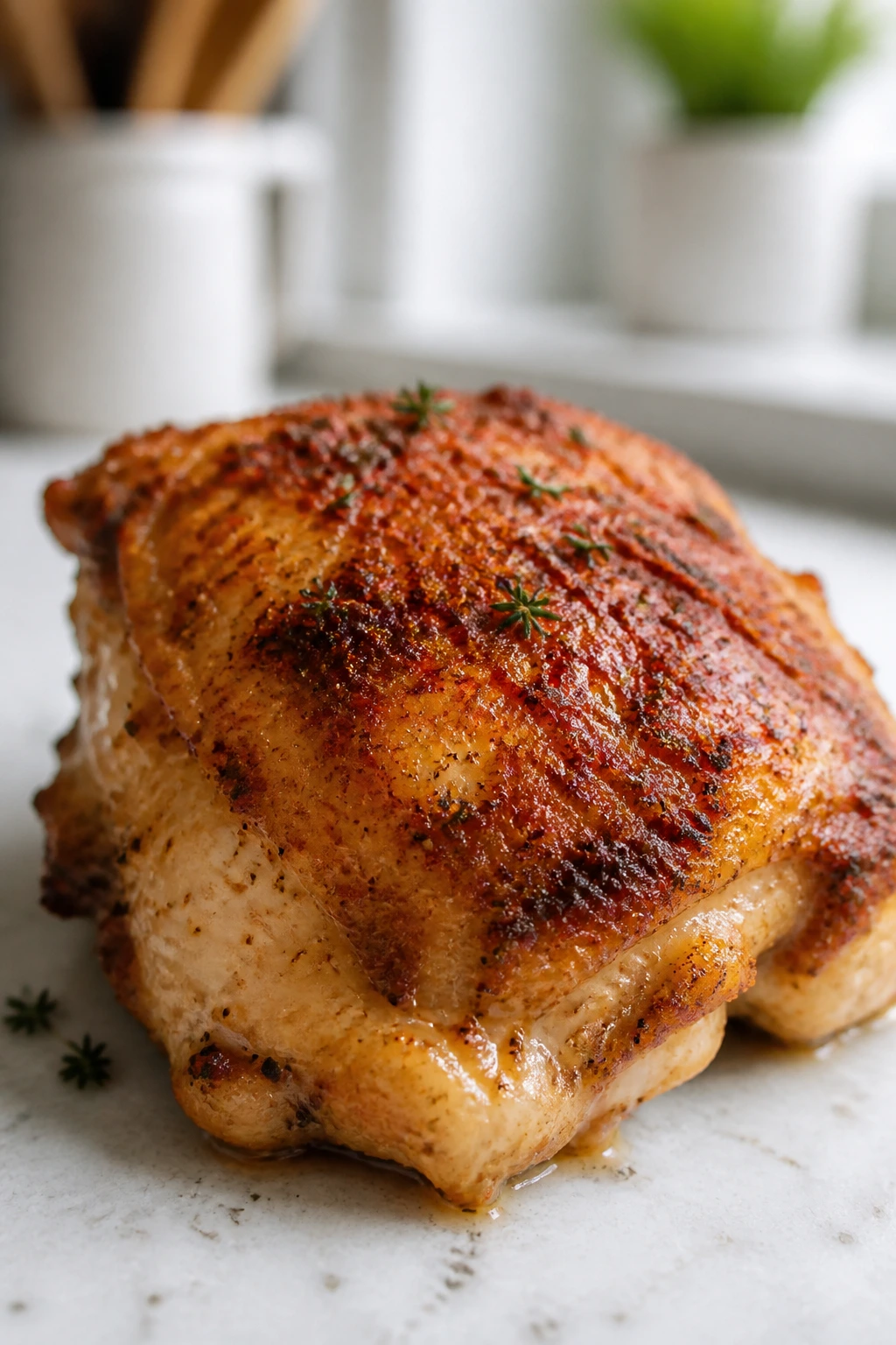 Close-up of a seasoned chicken thigh with a rich spice crust
