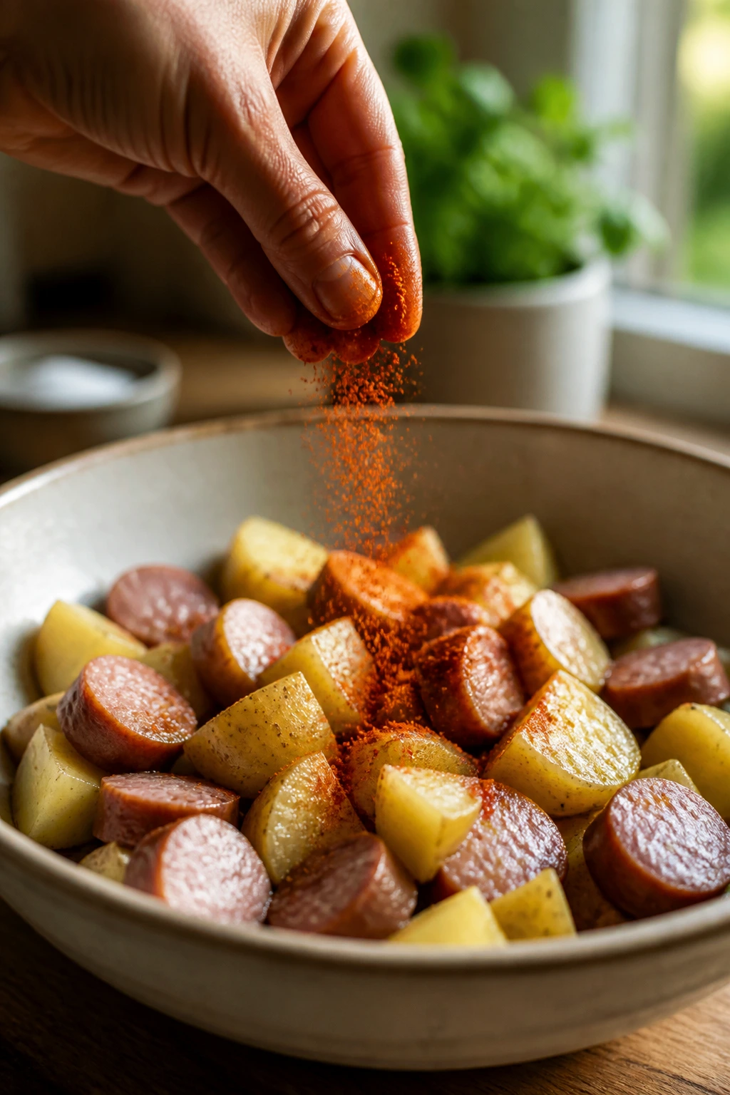 Hand sprinkling paprika over seasoned potatoes and sausage