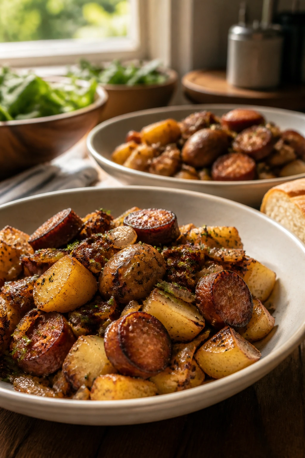 Shallow bowls with roasted sausage and potatoes ready to serve