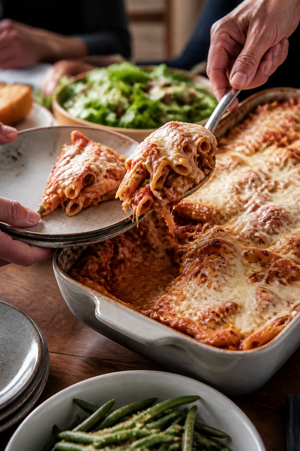 Pasta bake being served from a casserole onto plates at a family table