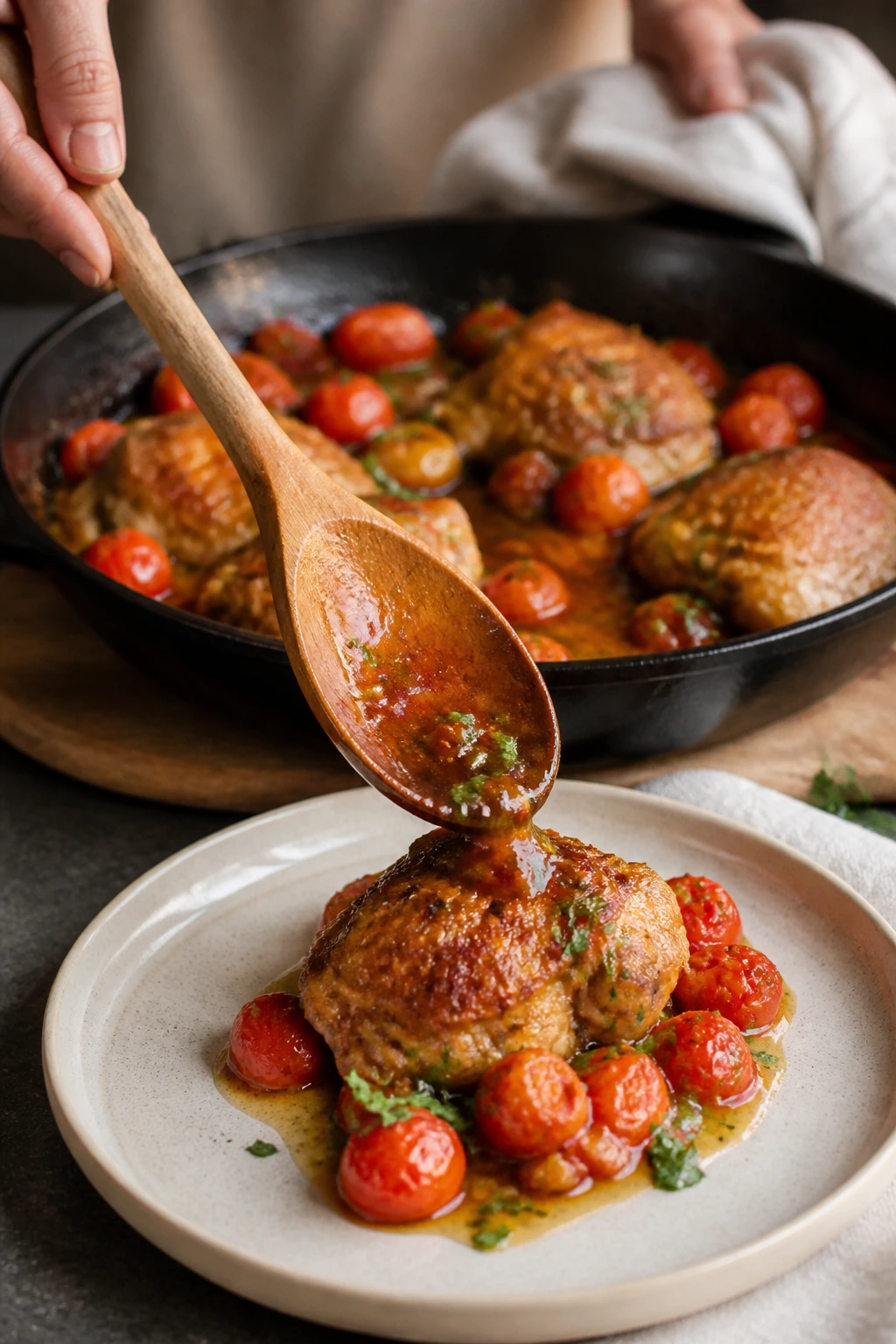 Serving one-pan dinner from skillet onto plate in warm kitchen
