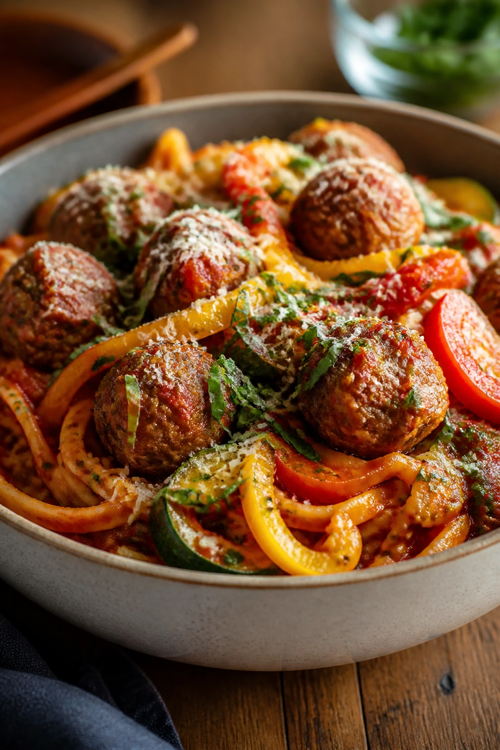 Serving bowl with stacked, colorful dinner components ready to serve