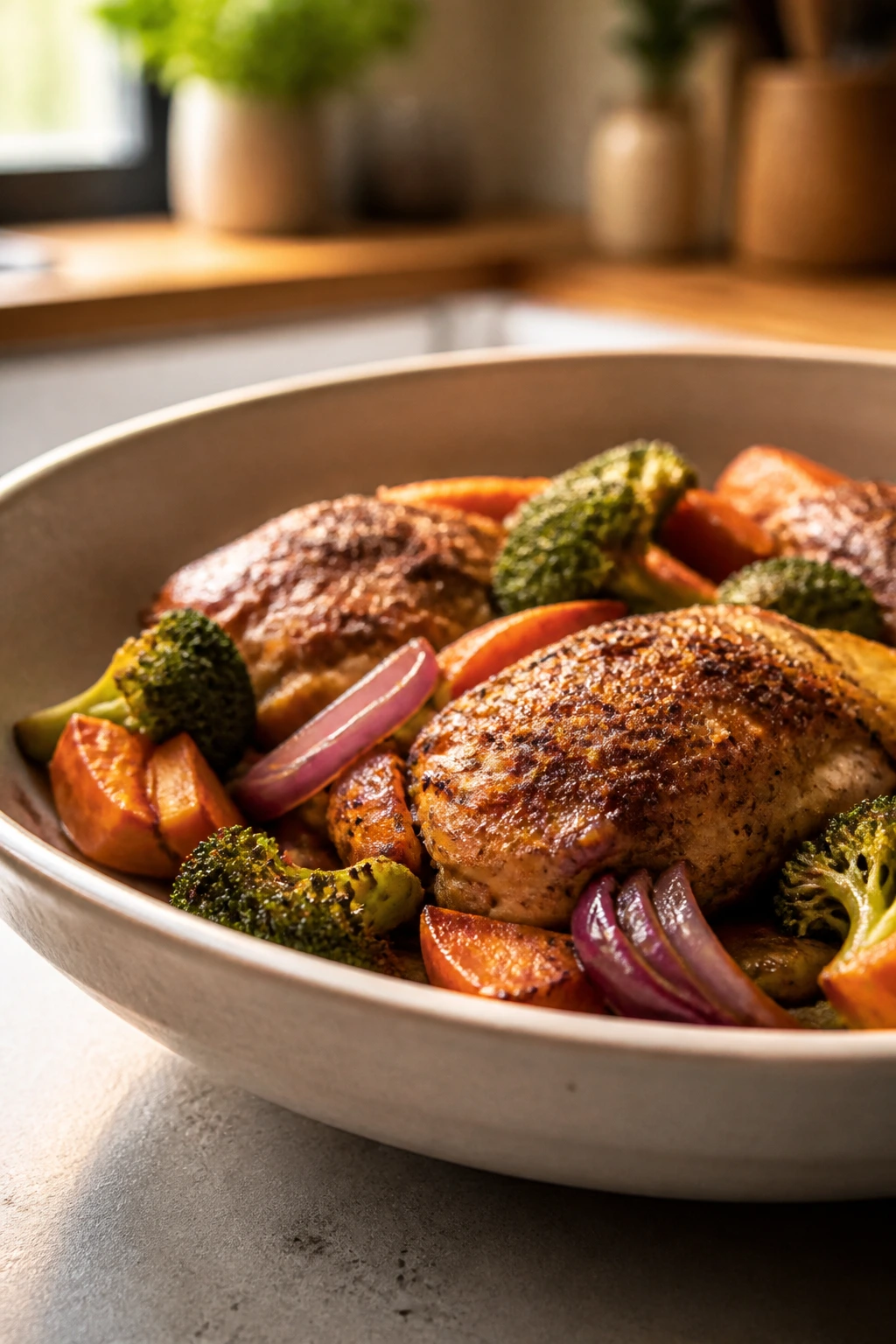 Shallow serving bowl with skillet meal on kitchen counter
