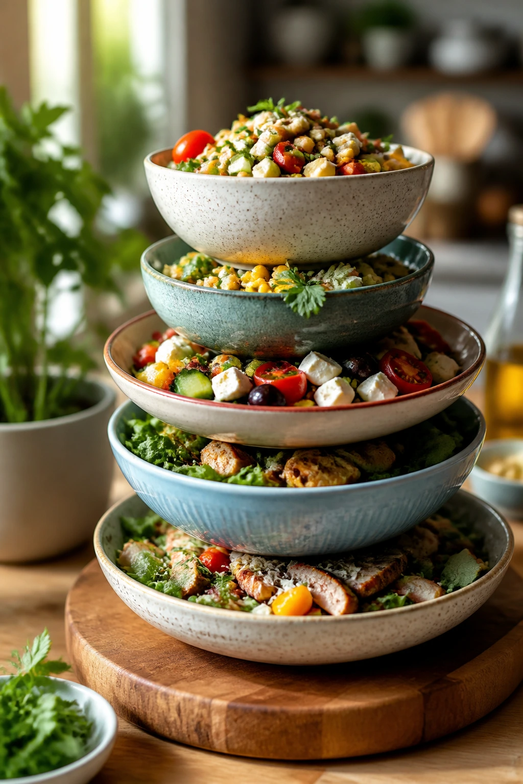 Close-up of stacked bowls on a wooden board with fresh garnishes for serving summer dinners
