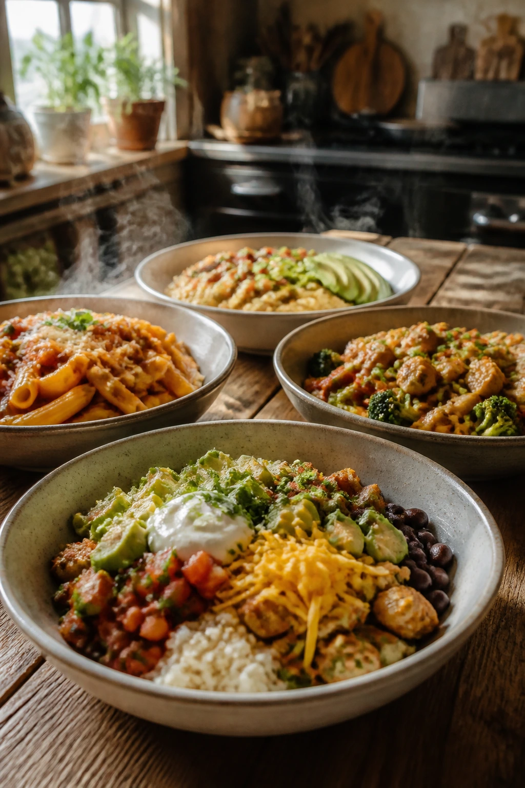 Close-up of steaming serving bowls in a warm kitchen