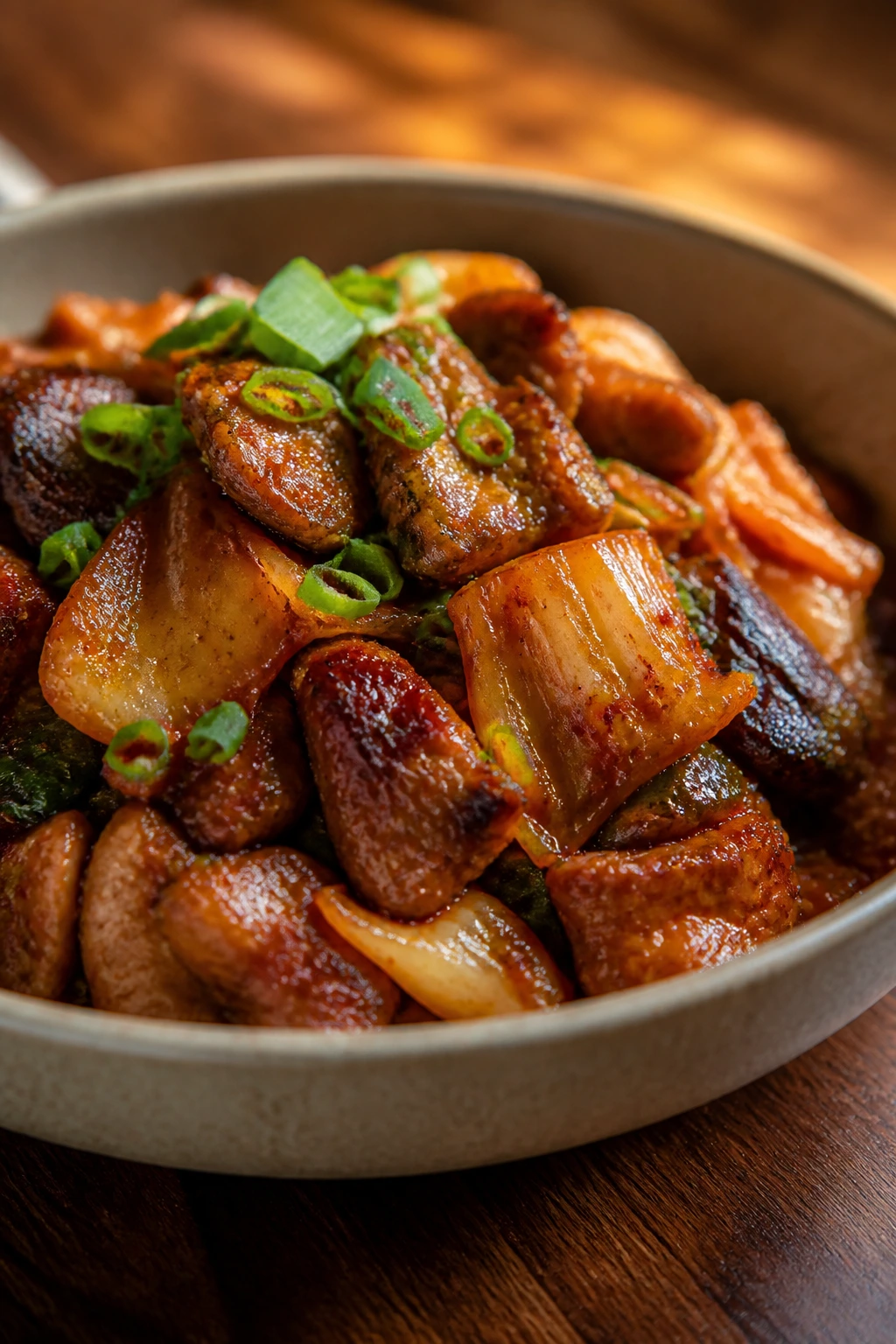 Shallow serving bowl with glossy Korean-inspired dinner, garnished simply
