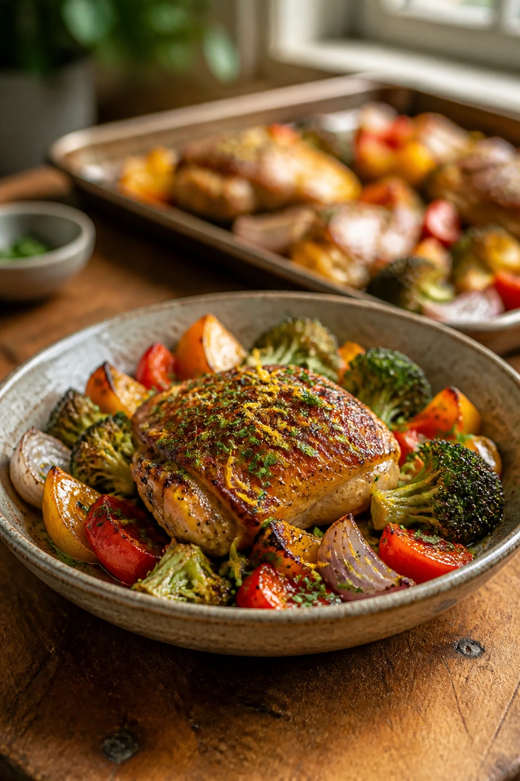 Close-up of a shallow paleo dinner bowl with garnish in a cozy kitchen
