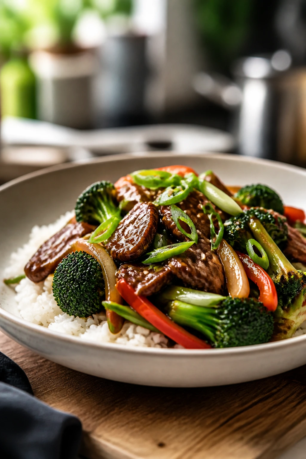 Plate of serving-ready stir-fry with greens in a shallow bowl