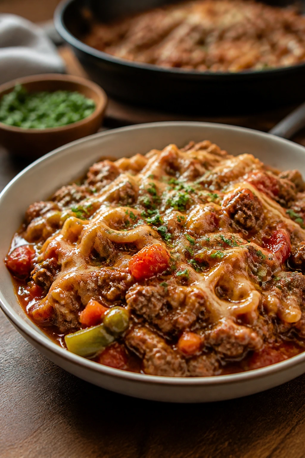 Shallow bowl with saucy skillet dinner
