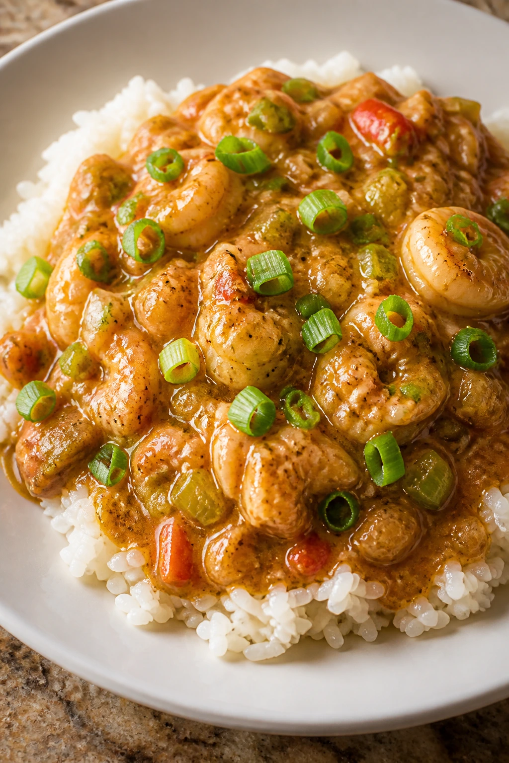 Plate of étouffée over white rice with green onion garnish