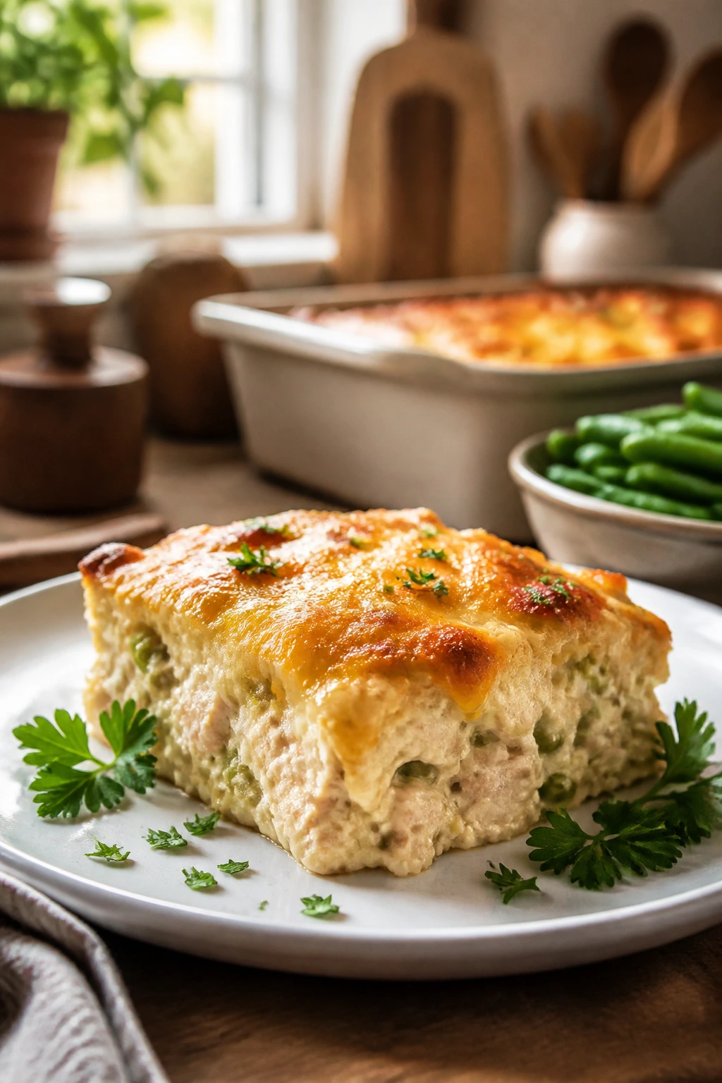 Plate with casserole slice and herb garnish in a cozy kitchen