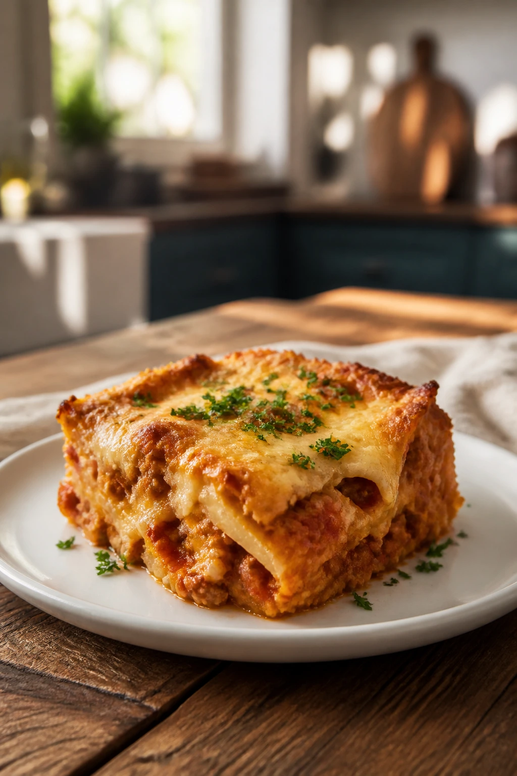 Plate with a square portion of casserole and parsley garnish on a wooden table