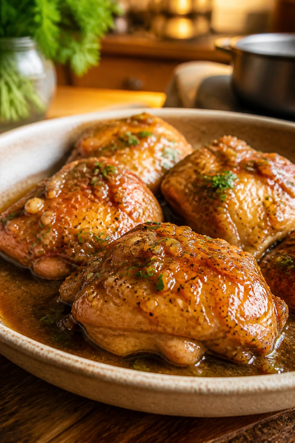 Plated saucy chicken dish ready for serving