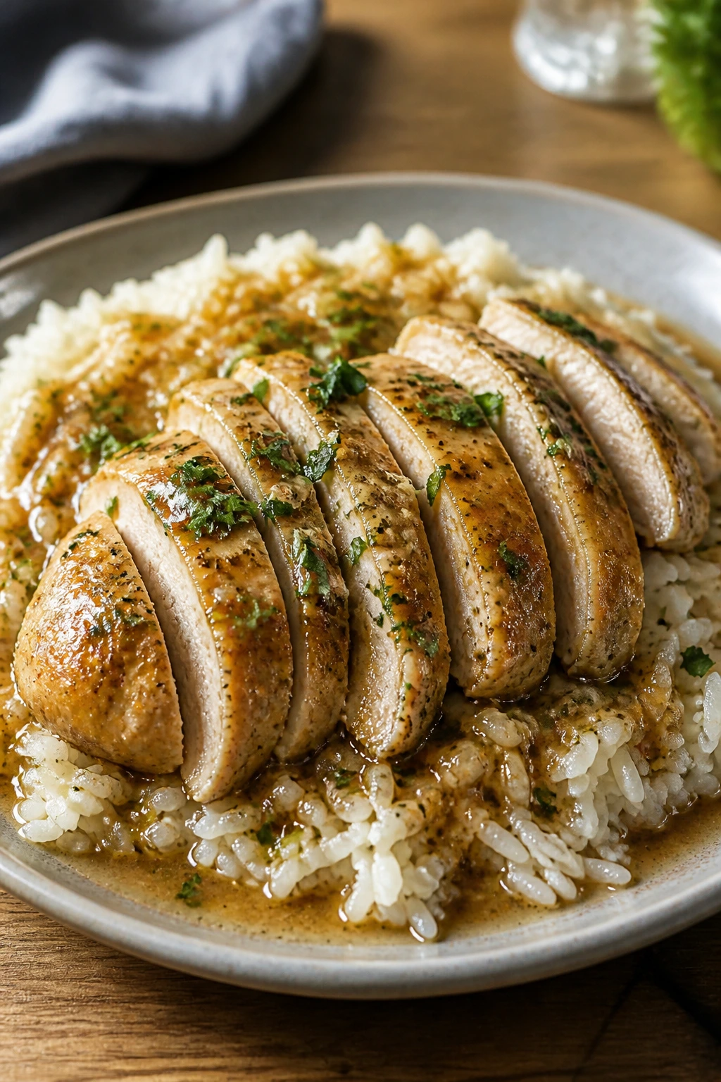 Close-up of sliced chicken over rice with sauce and herbs