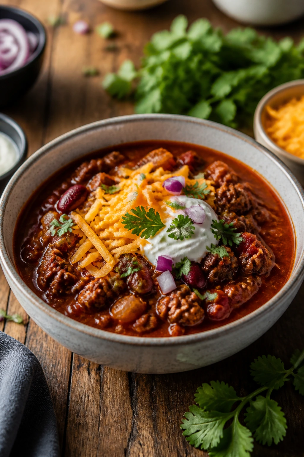 Plated bowl of chili with toppings on a wooden table