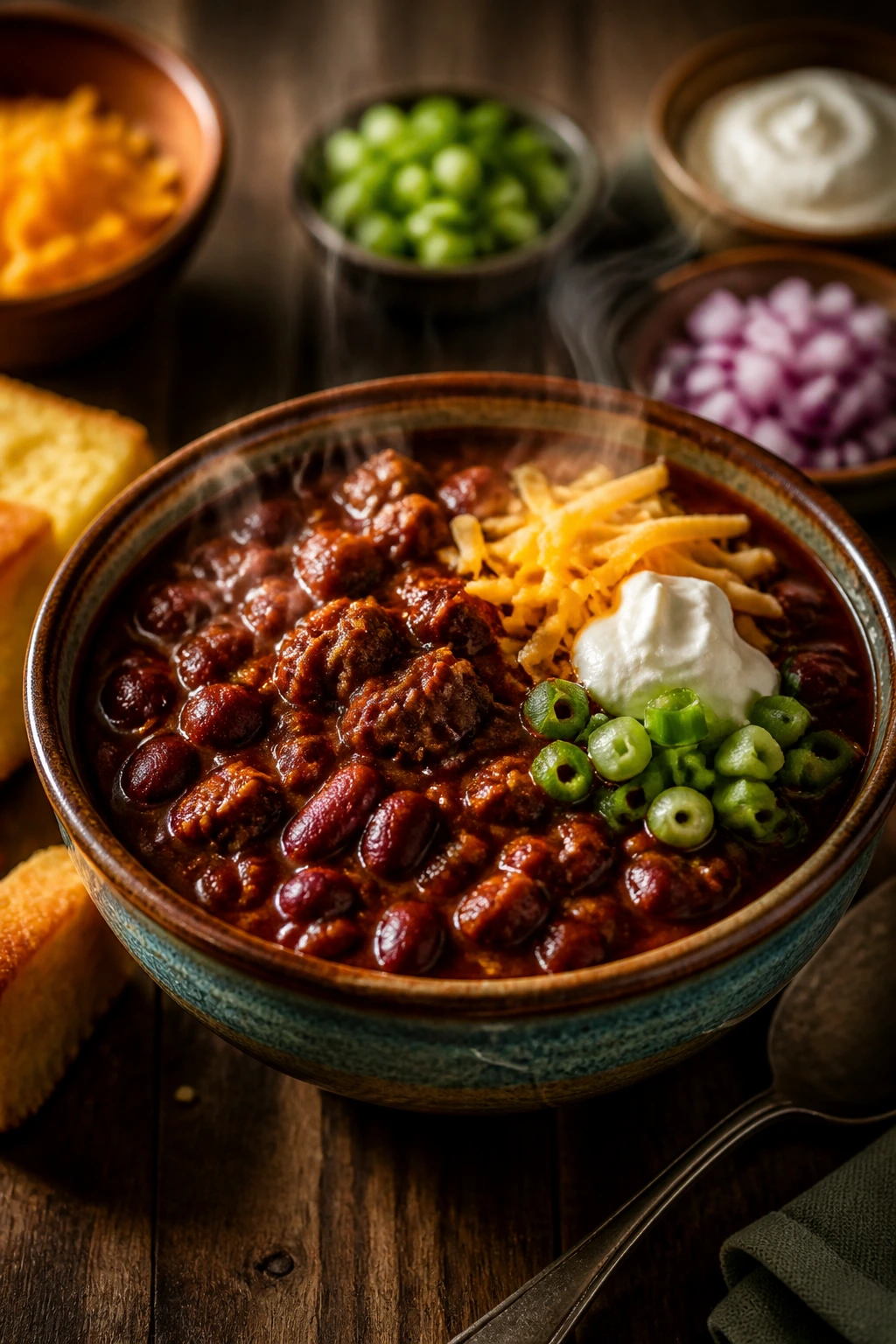 Steaming bowl of chili with toppings on a wooden table
