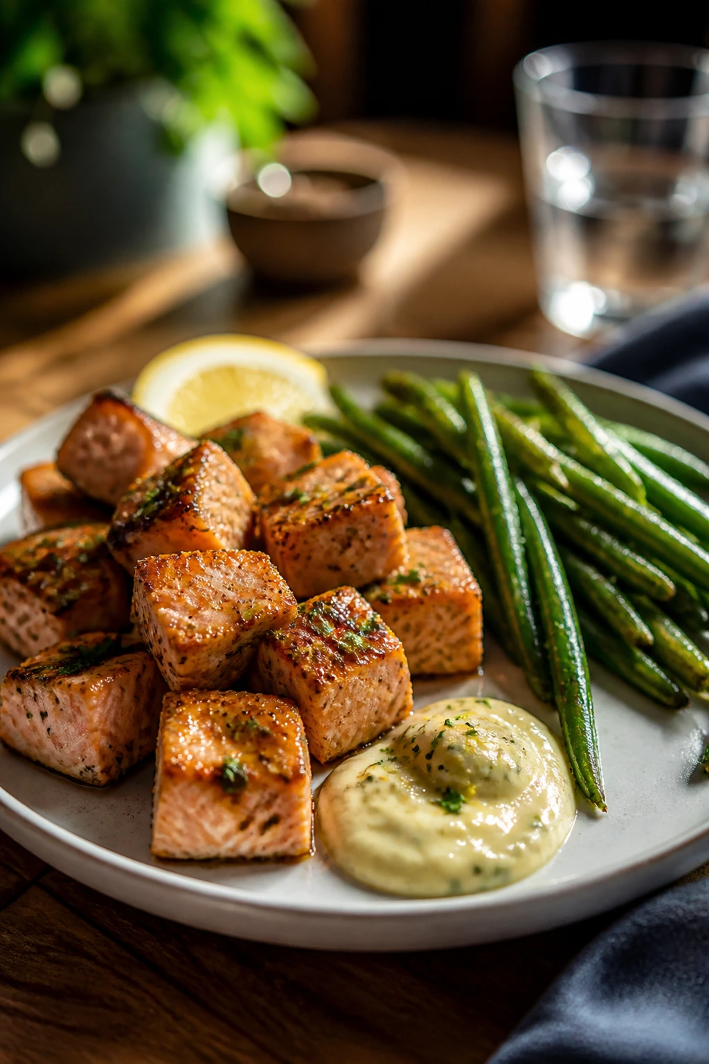 Plated salmon bites with green beans ready to serve.