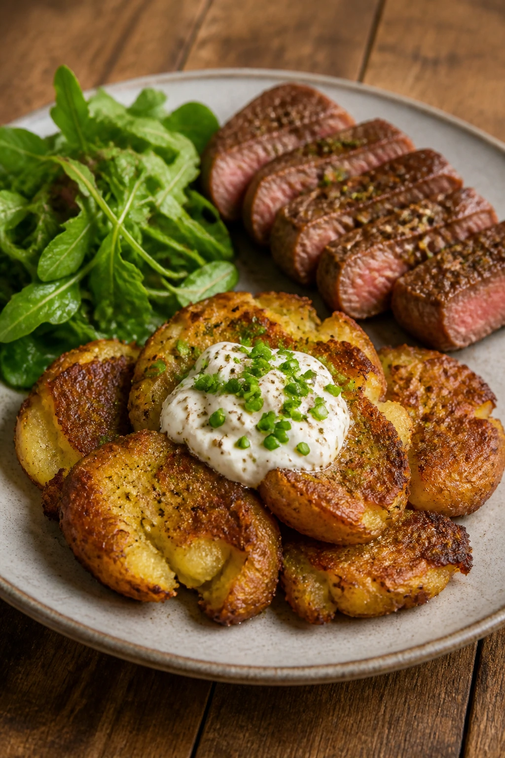 Plate of smashed potatoes with topping and protein