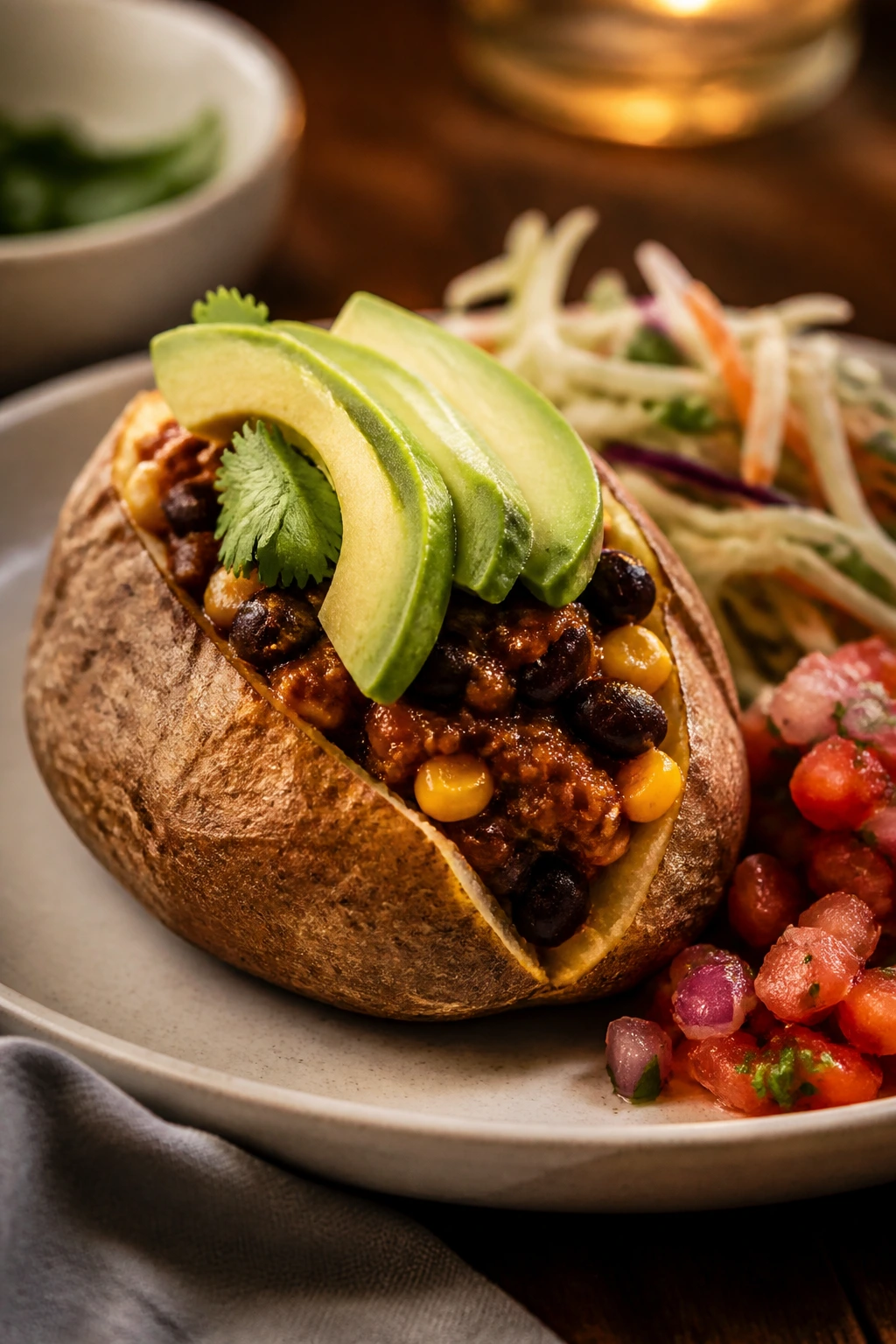 Plated stuffed potato with avocado and salsa on a warm table