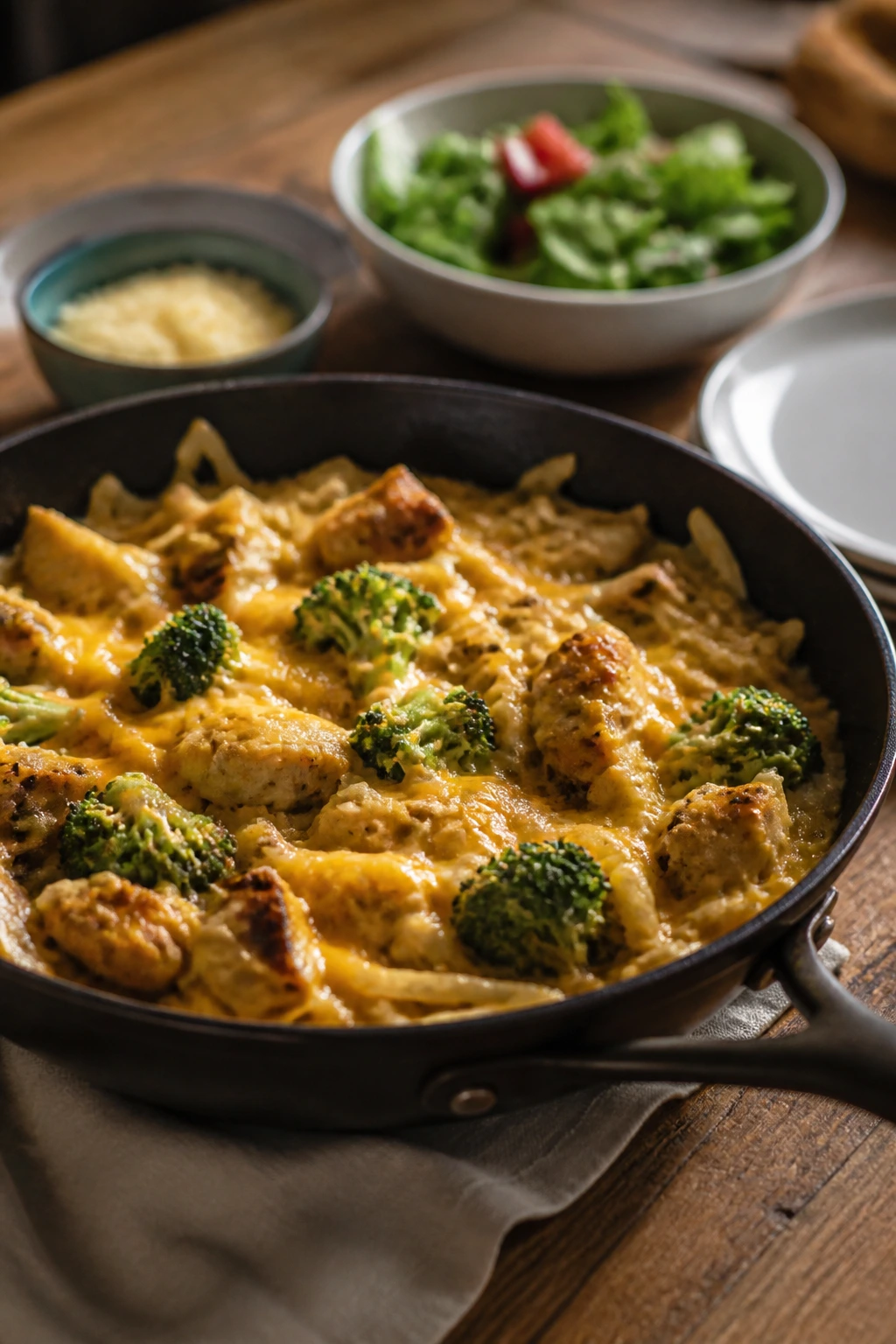 Skillet dinner served from the pan on a rustic wooden table