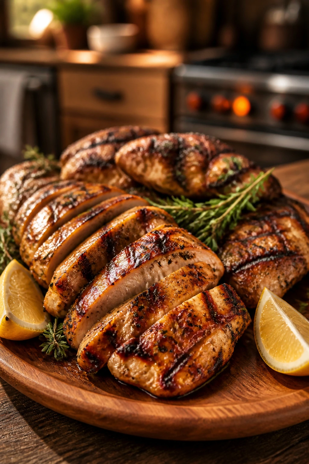 Grilled chicken on a platter with herbs and lemon wedges.