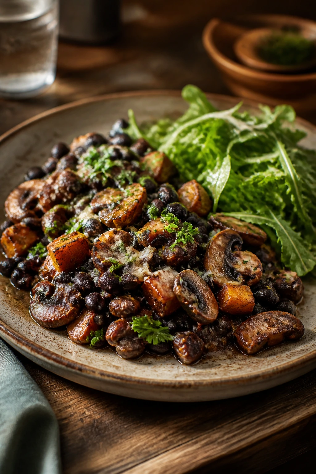 Rustic plate with hearty black bean dish and greens