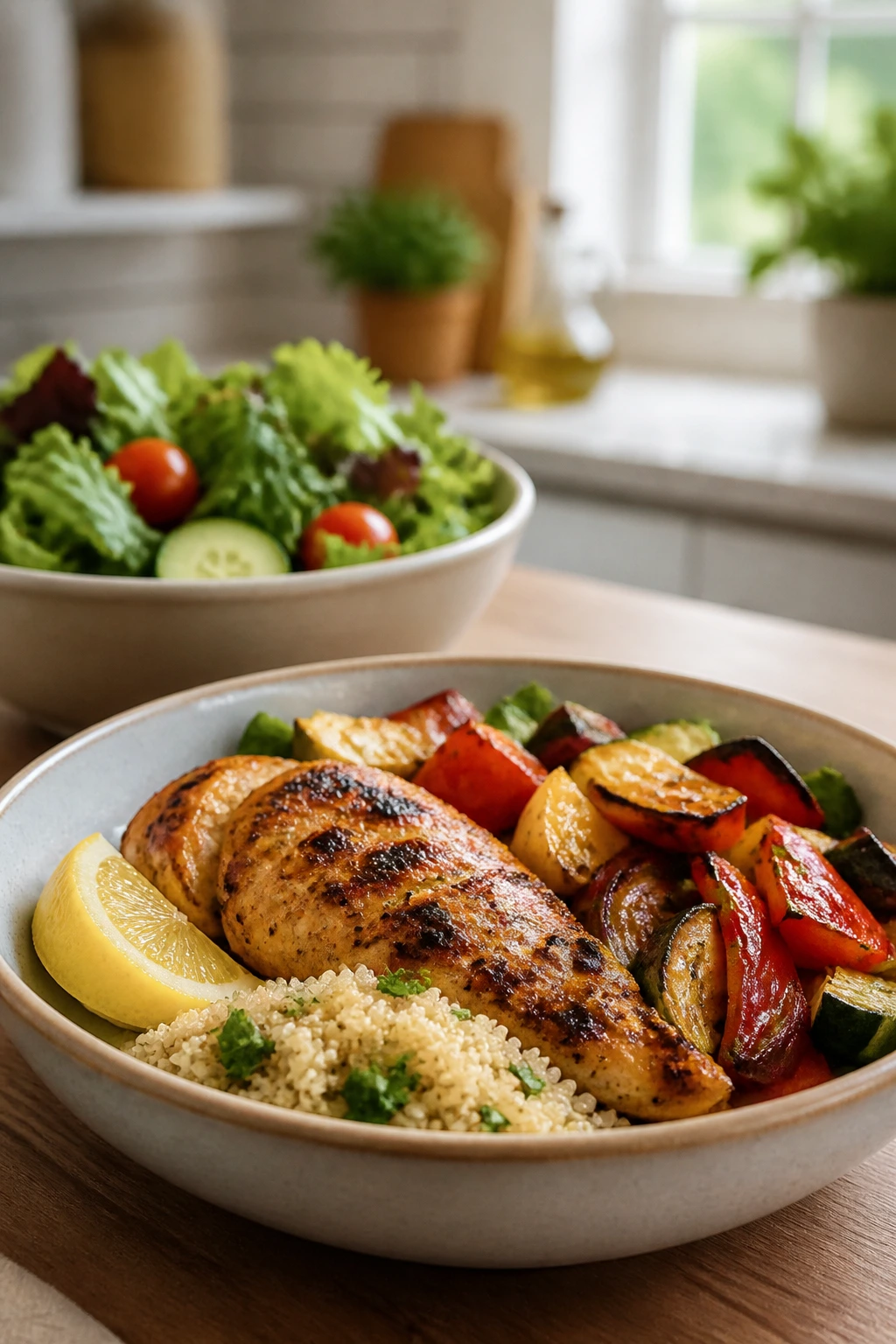 Close-up of plated healthy dinner in shallow bowl with side salad and lemon wedge in warm kitchen