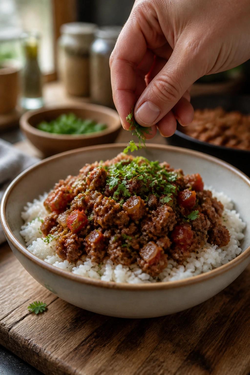 Plated beef and rice bowl being served in a cozy kitchen.