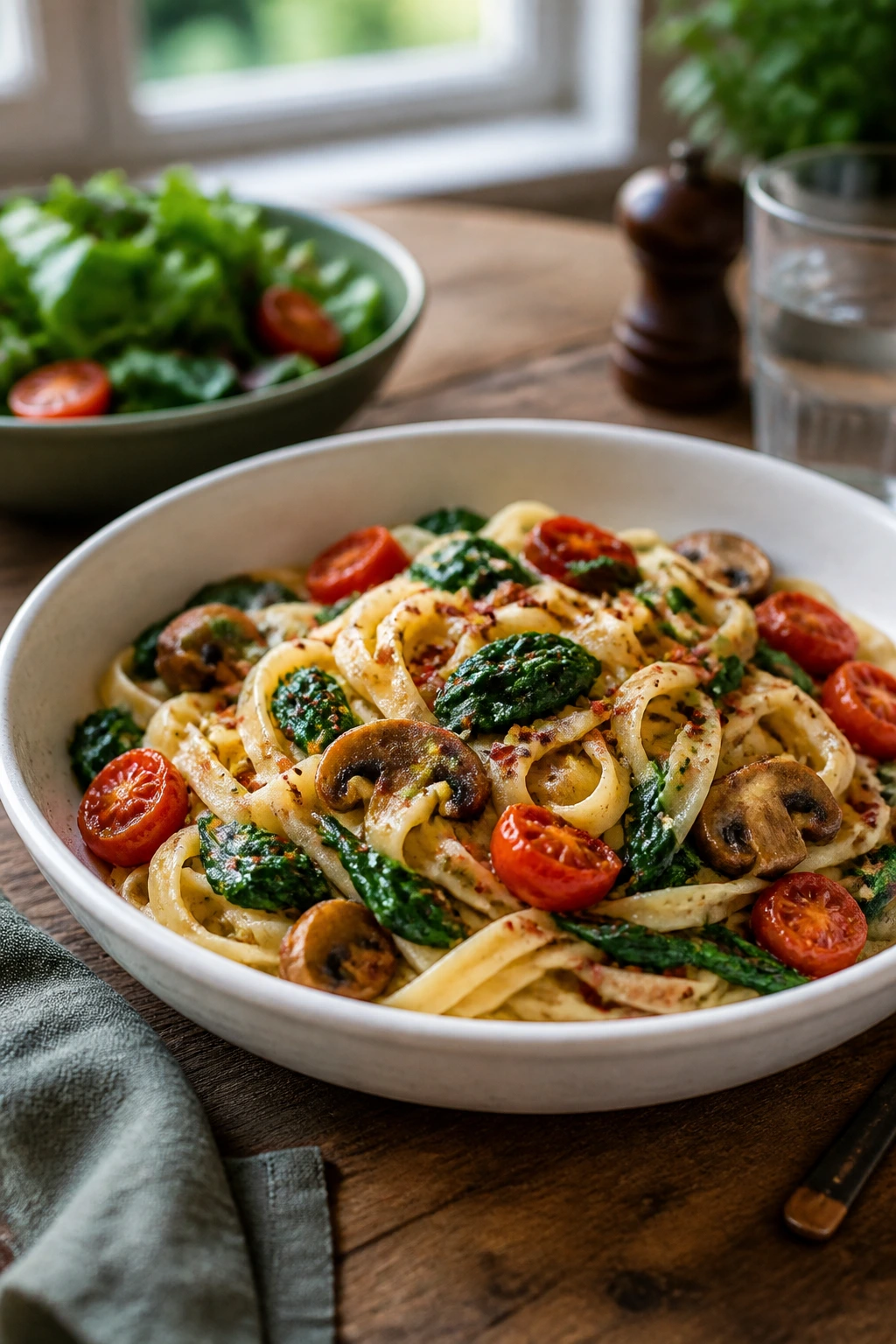 Pasta served in a wide bowl with greens in a dining setting