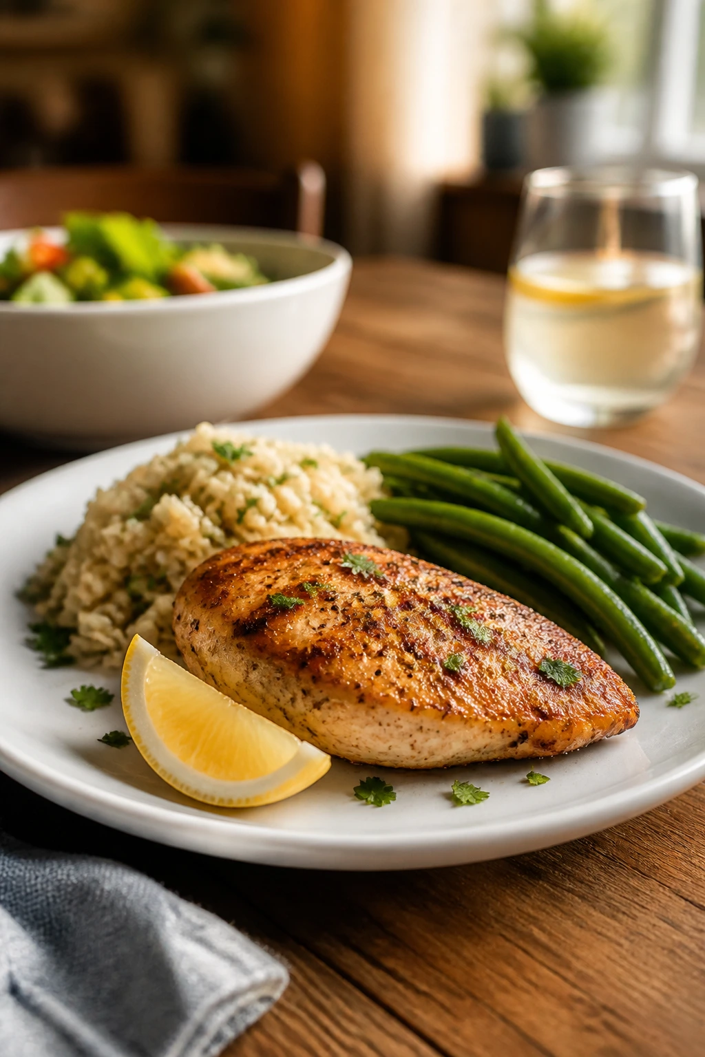 Plate of chicken breast dinner with lemon wedge and herbs on a white plate in a warm kitchen.