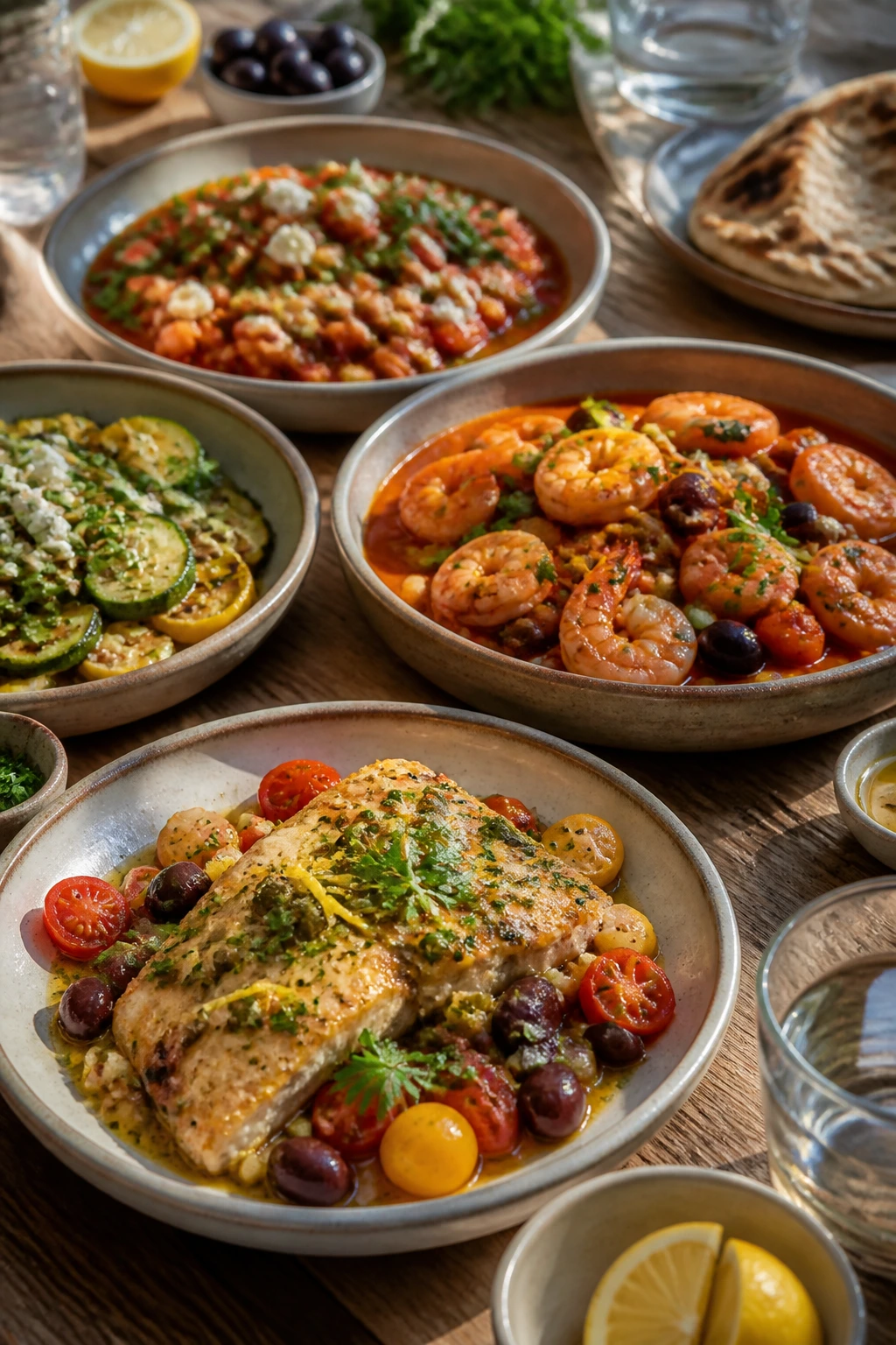 Close-up of Mediterranean plates arranged for serving with bright garnishes