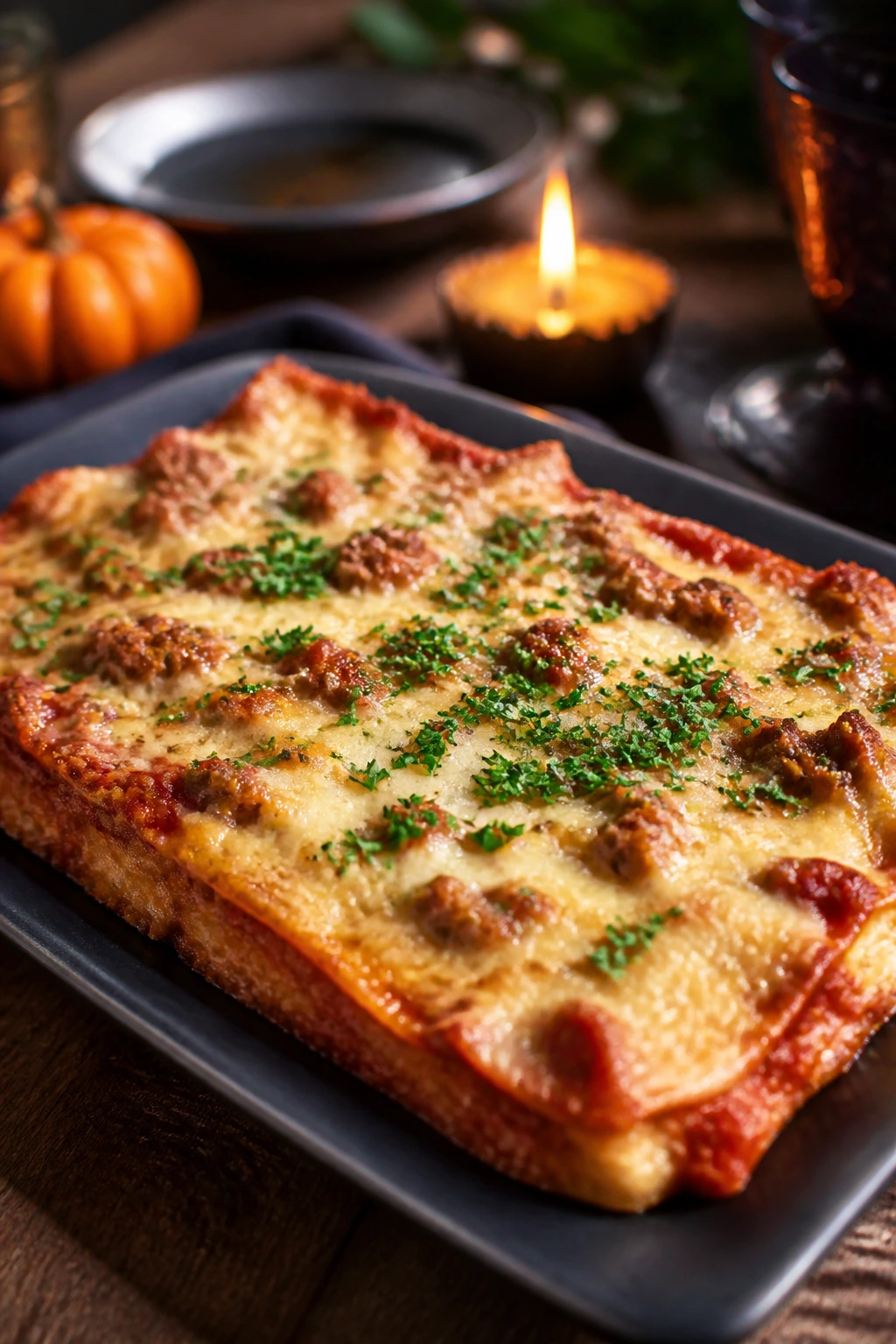 Finished casserole on dark platter with herb garnish