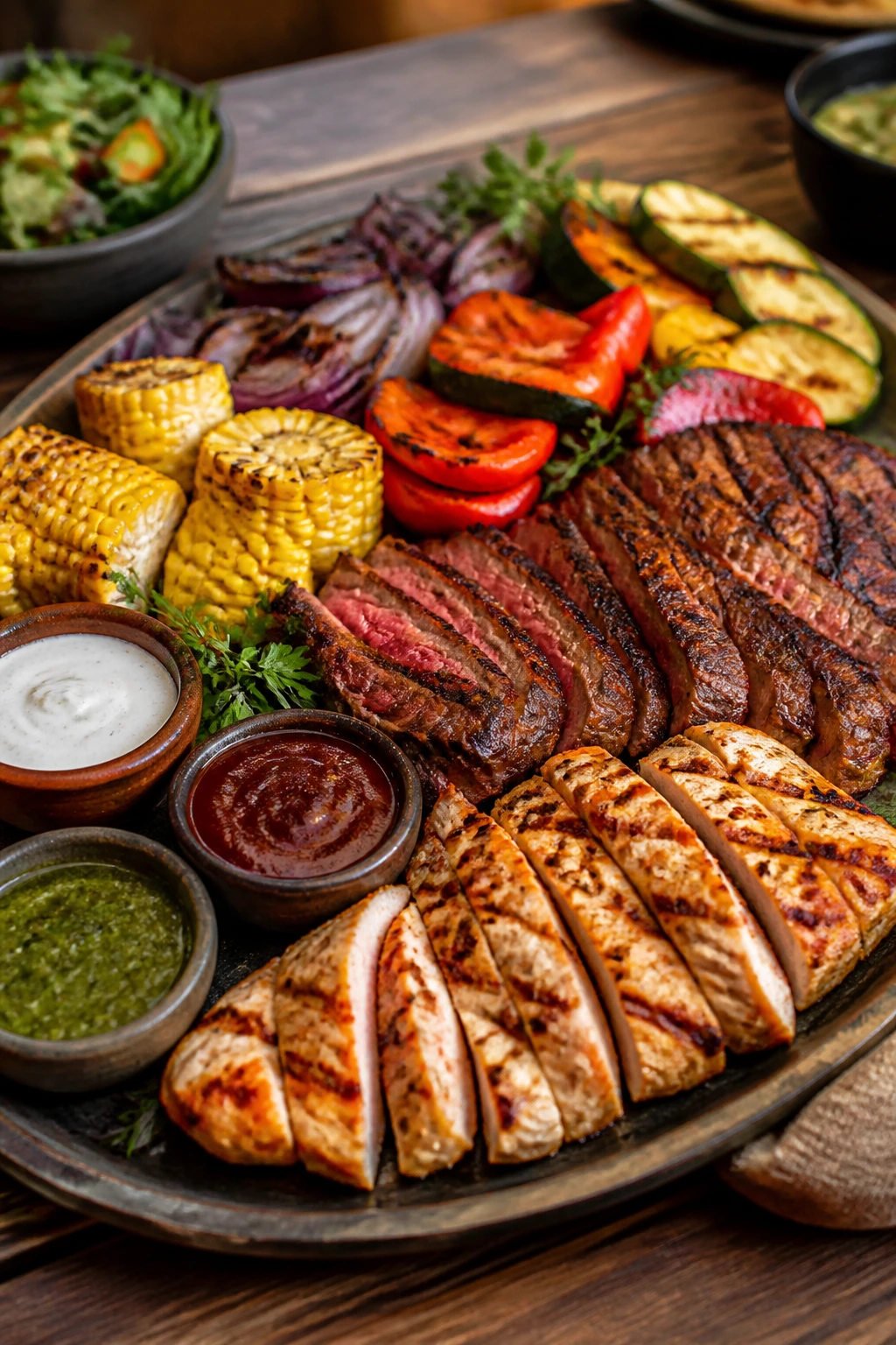 Serving platter with grilled foods on a wooden table