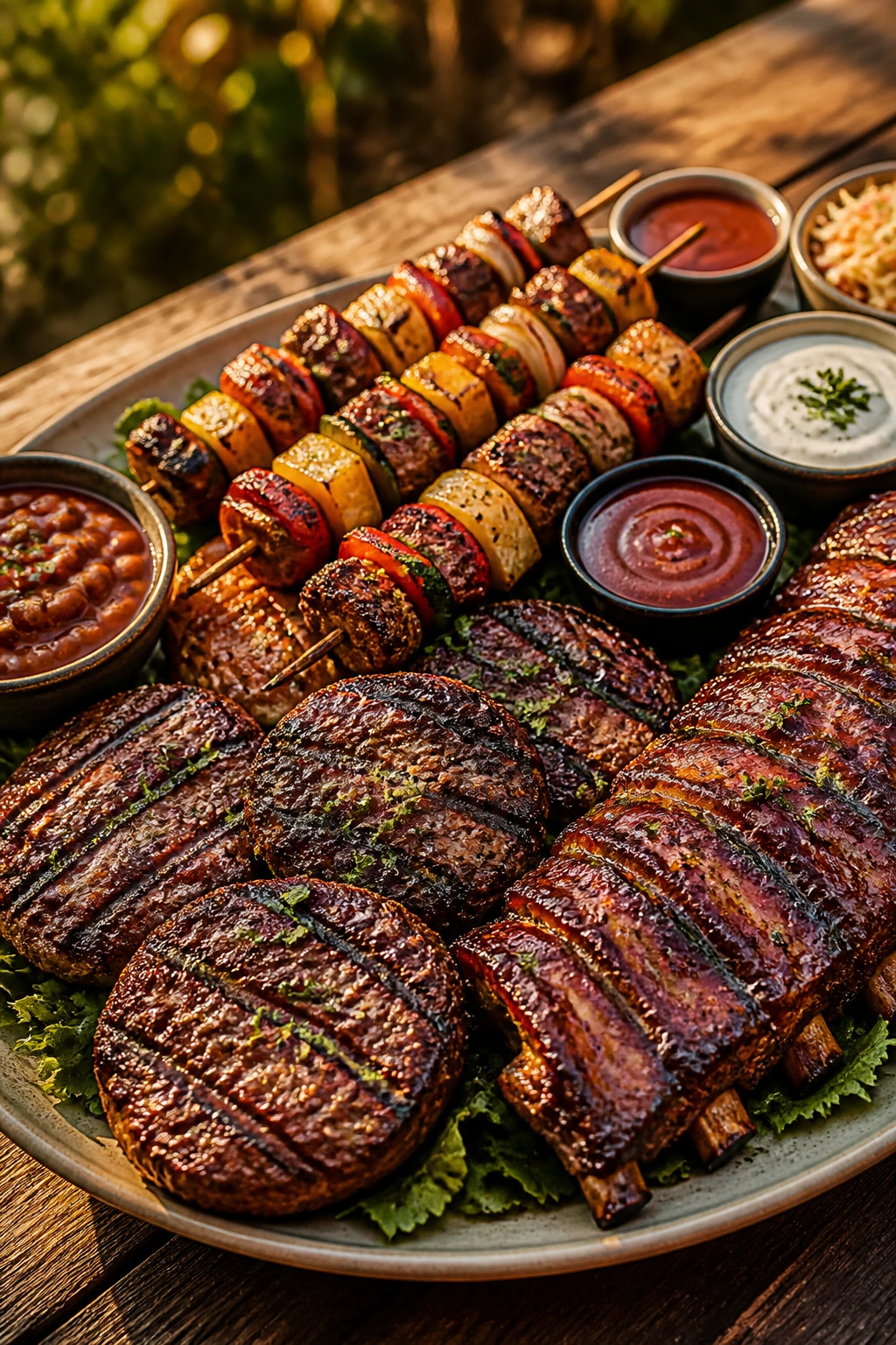 Backyard serving platter with grilled burgers, ribs, and kebabs on a rustic table during golden hour.