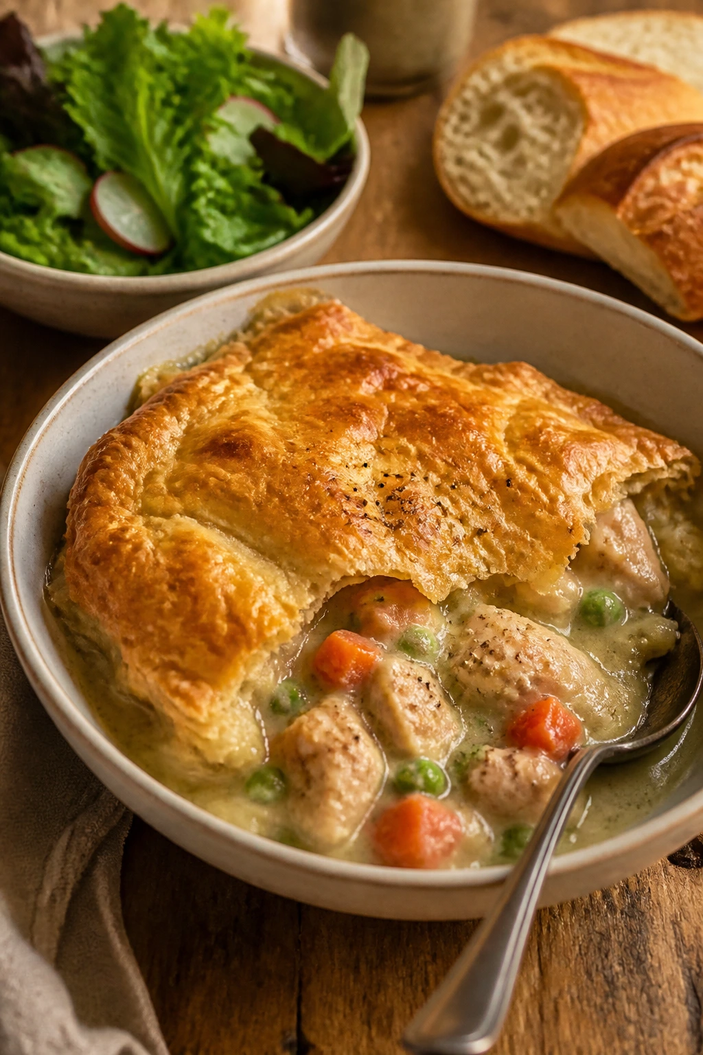 Pot pie served in a wide shallow bowl with salad and bread