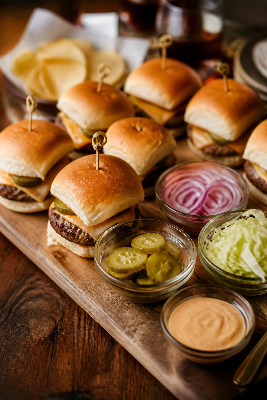 Serving board with sliders and toppings on a rustic table, ready to serve