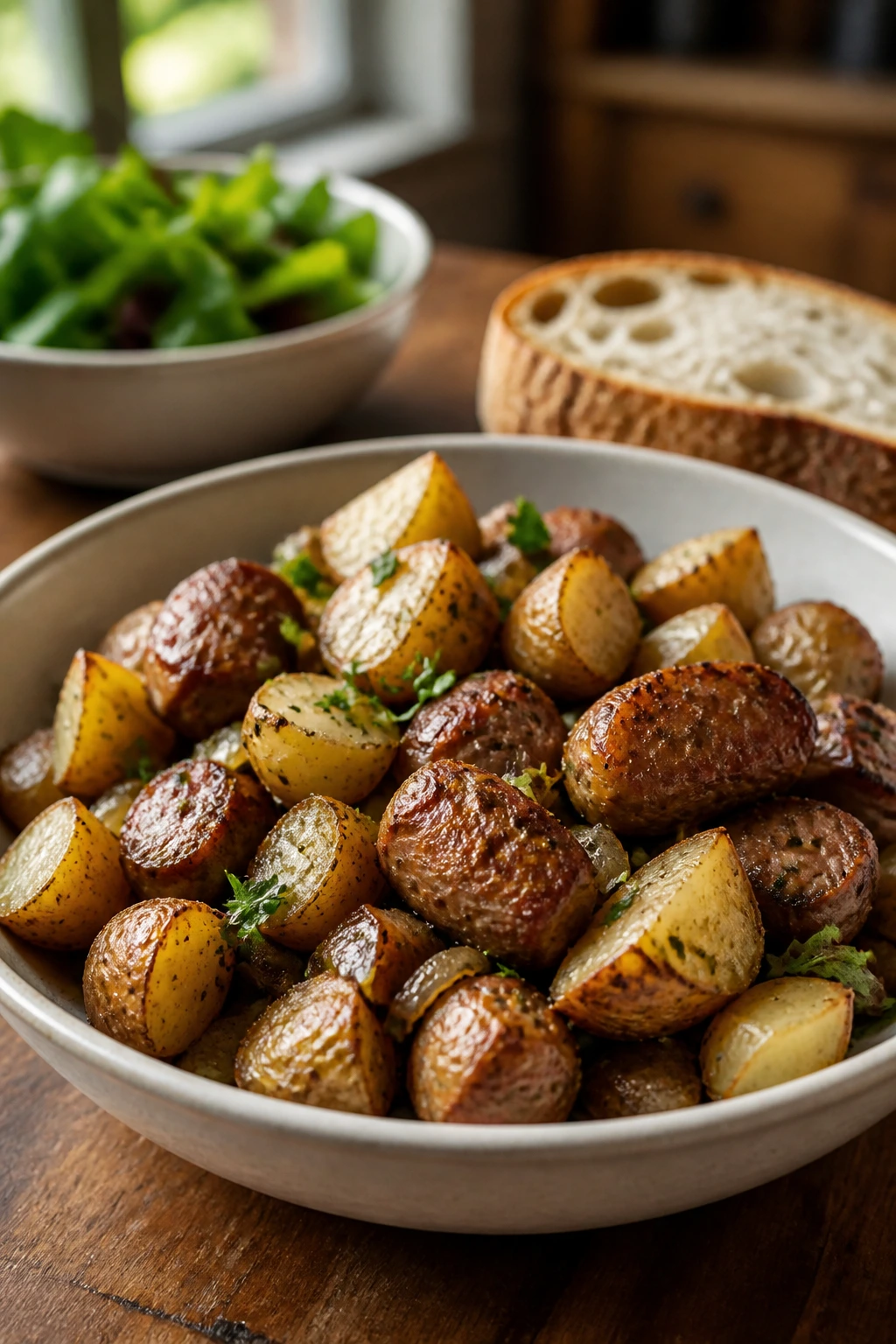 Close-up of sausage and potatoes served in a shallow bowl with a green salad in the background