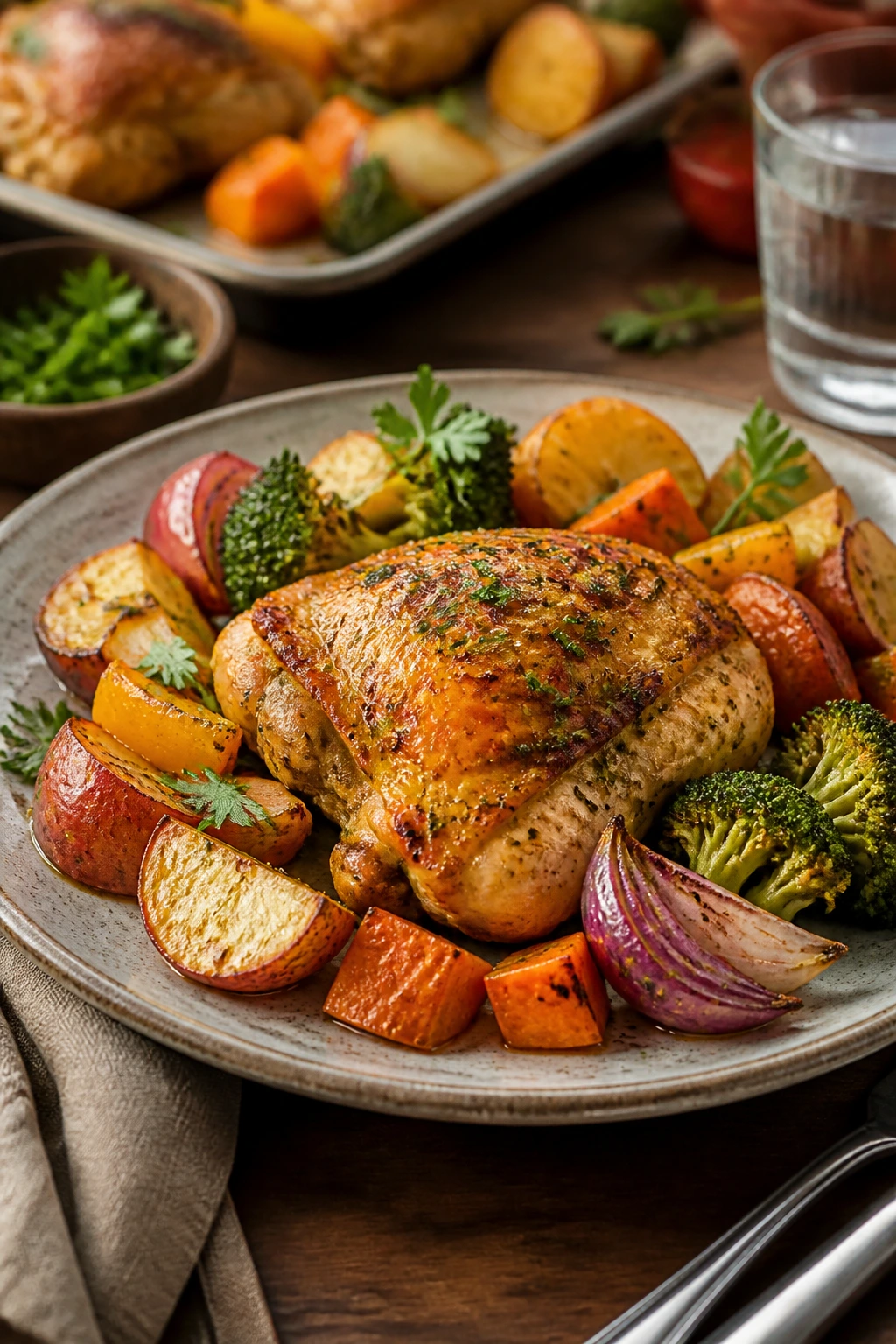 Plated sheet-pan chicken and vegetables on a rustic plate ready to serve