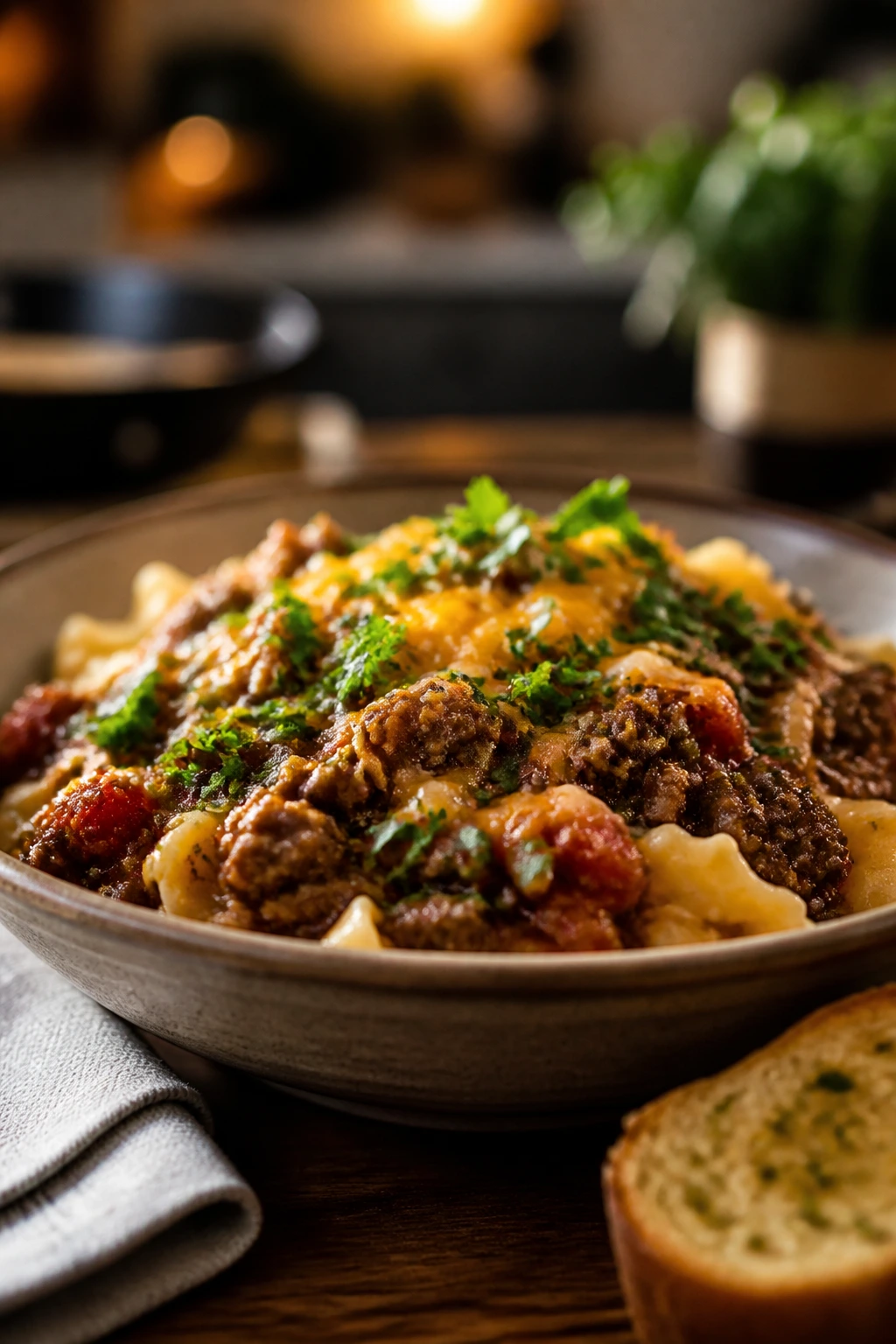 Skillet dinner plated with herb garnish ready to serve